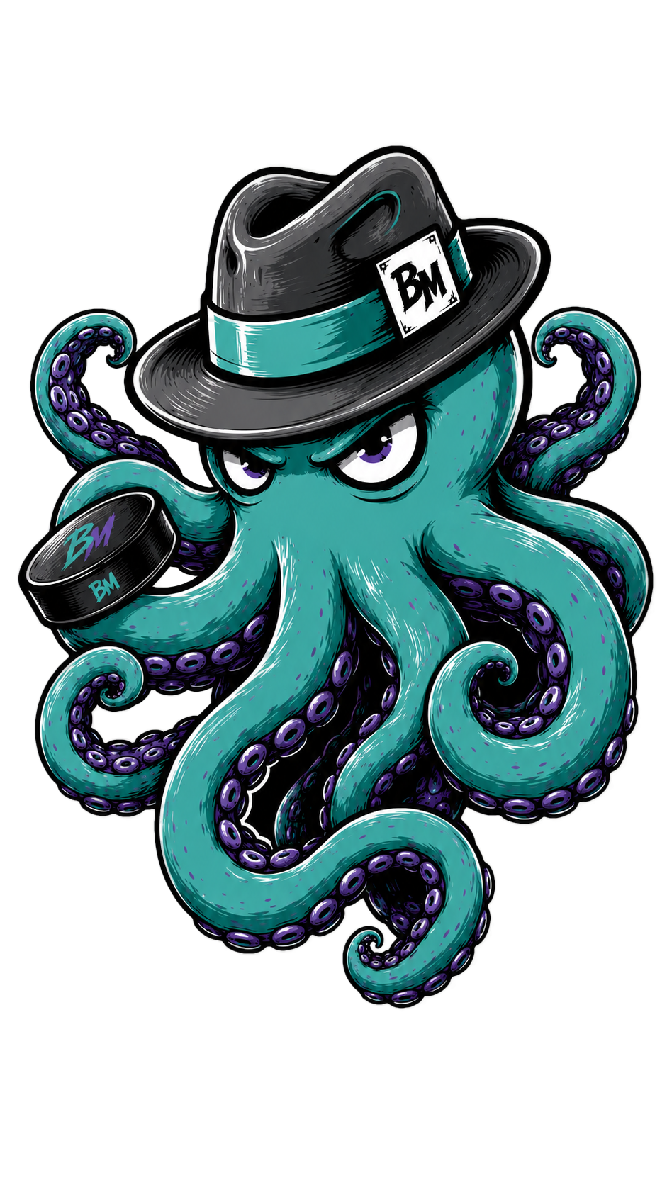 The Bench Mob octopus mascot holding a hockey puck