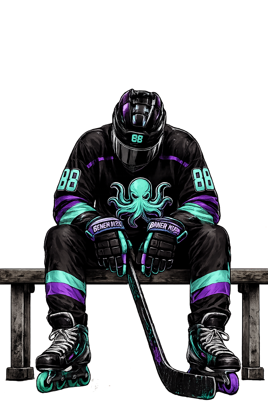 A Bench Mob hockey player seated on a bench